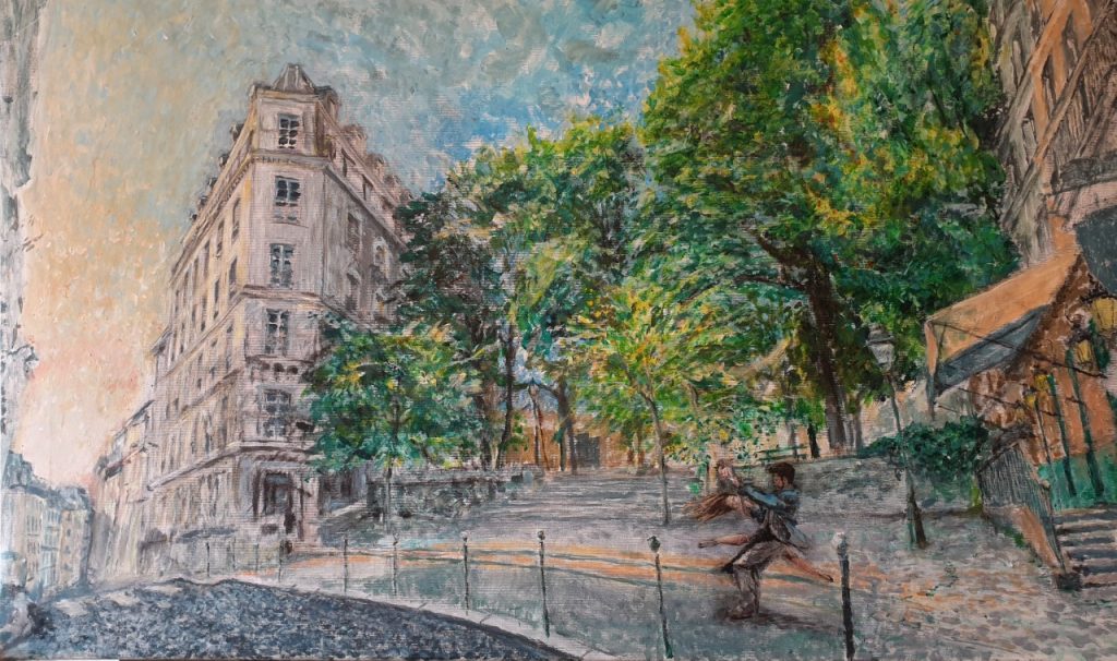 Place Émile-Goudeau d'Alexandre Hassan - Exposition-vente consacrée à des peintures de Montmartre du 25 septembre au 25 novembre 2020 au restaurant Les Ambassades de Montmartre