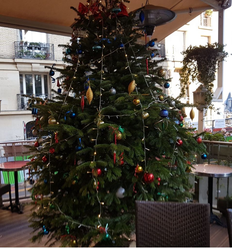 Chrismas tree on terrace Butte Montmartre Paris restaurant Les Ambassades