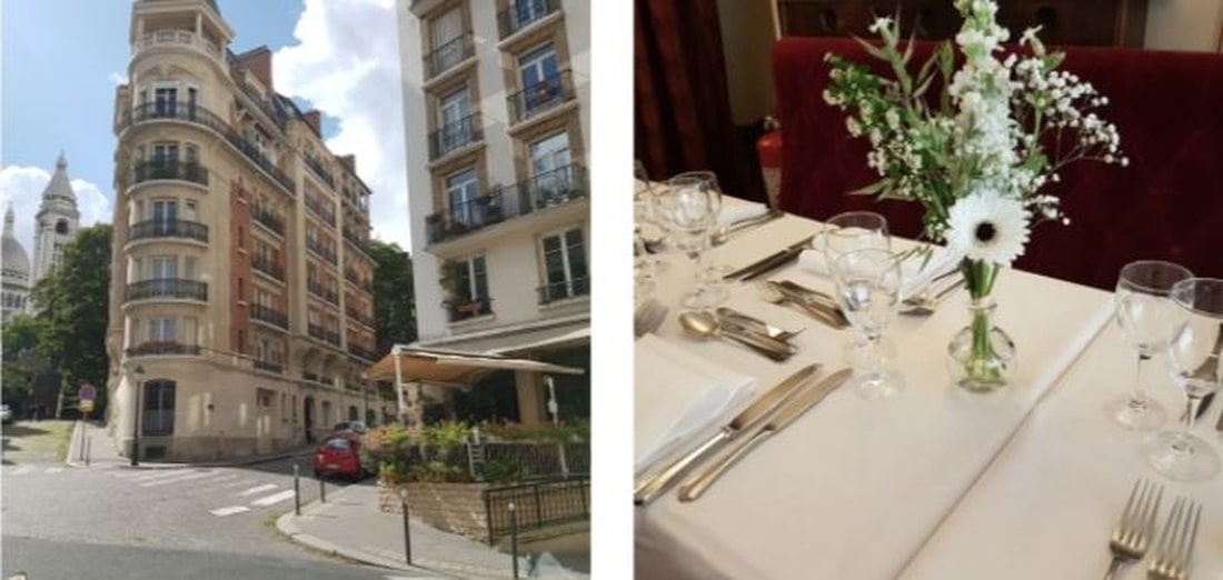 Traditional French restaurant Montmartre Paris : Les Ambassades - Photos view of the Sacré-Coeur and table set with flowers