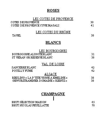 Carte vins et champagne restaurant terrasse Montmartre les Ambassades